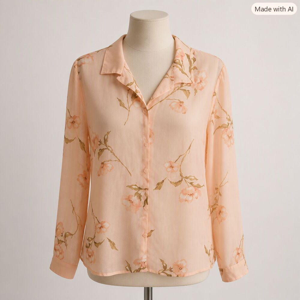 Vintage Y2K Style Studio Sheer Peach Floral Button Down Blouse